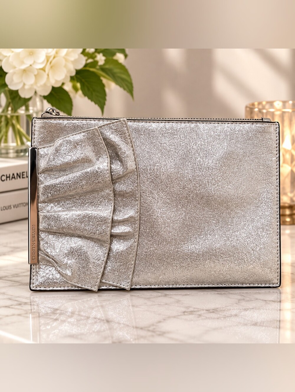 Christian Siriano Metallic Silver Ruffle Evening Clutch Wristlet
